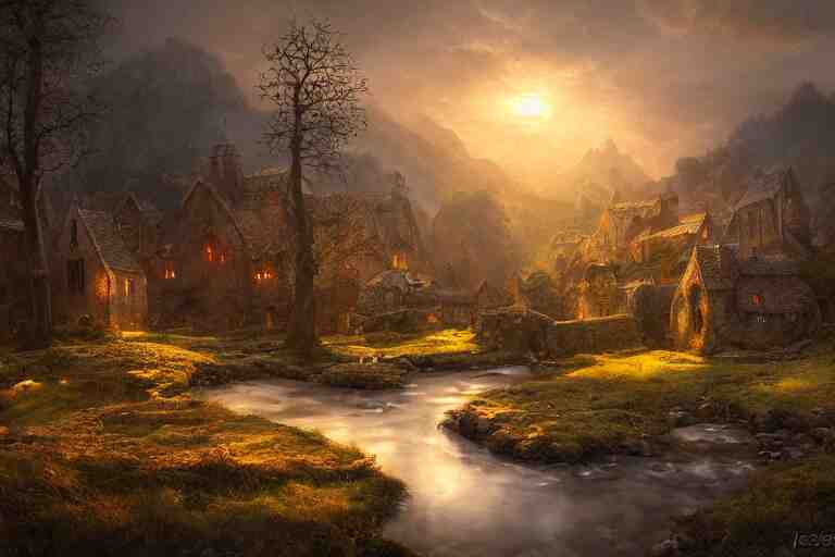 a medieval celtic village with a stream in a forested valley, sunset with ominous shadows by jessica rossier and brian froud cinematic painting 