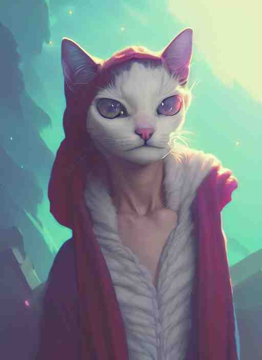 highly detailed portrait of a cat mage wearing a magical robe, stephen bliss, unreal engine, greg rutkowski, loish, rhads, beeple, makoto shinkai and lois van baarle, ilya kuvshinov, rossdraws, tom bagshaw, tom whalen, alphonse mucha, global illumination, god rays, detailed and intricate environment 