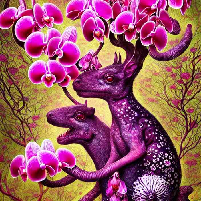 extremely psychedelic animal made of orchid and cherry blossom tree and mushroom, LSD, diffuse lighting, fantasy, intricate, elegant, highly detailed, lifelike, photorealistic, digital painting, artstation, illustration, concept art, smooth, sharp focus, art by John Collier and Albert Aublet and Krenz Cushart and Artem Demura and Alphonse Mucha