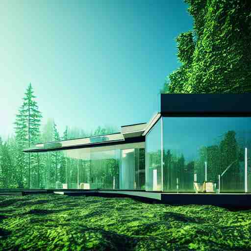 a modern house made of glass on a beach near a beautiful fantasy forest, digital art, epic composition, hd, 4 k, octane renderer, professional, intricate detail 