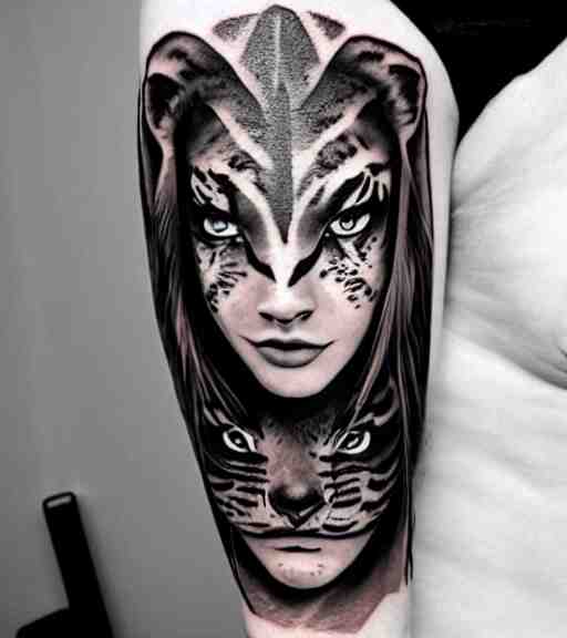 tattoo design of a beautiful girl warrior under a tiger head, hyper realistic, realism tattoo, by eliot kohek, beautiful eyes, realistic face, black and white, white background 