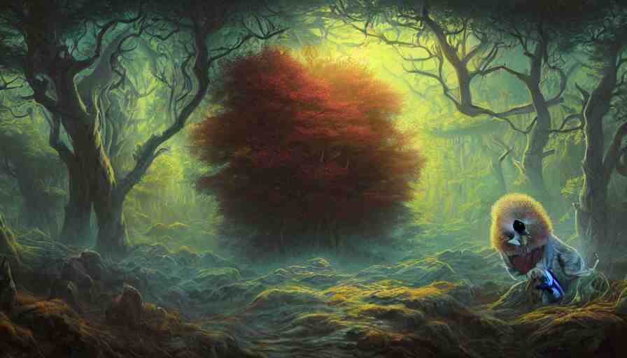 bob ross on a psychedelic trip with an open mouth and glowing eyes, staring, close - up, deep focus, extremely detailed digital painting, vibrant colors, in the style of tomasz alen kopera and fenghua zhong and peter mohrbacher, mystical colors, rim light, beautiful lighting, 8 k, stunning scene, raytracing, octane, trending on artstation 