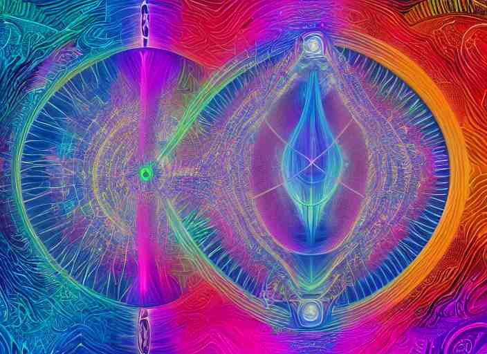 trasnformation into transcendence into collaborative intelligence, endless collaboration with ai, connectedness, body, by alex grey, album cover, award winning, beautiful, colorful, volumetric lighting, trending on artstation, cinematic 