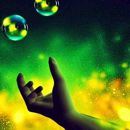 a human hand holding a bunch of glass bubbles in a cosmos space full of stars and vibrant clouds, volumetric light, green and yellow colors, digital art, artstation 