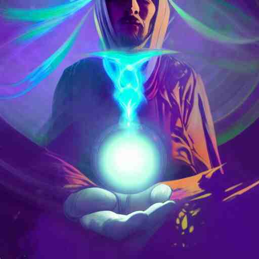 a warlock is casting a magic spell, while magic orb is floating in his hand, the magic orb emit a rainbow vapour, dynamic pose, chromatic aberration , medium level shot, Mucha style , Grim fantasy, illustration ,concept art,