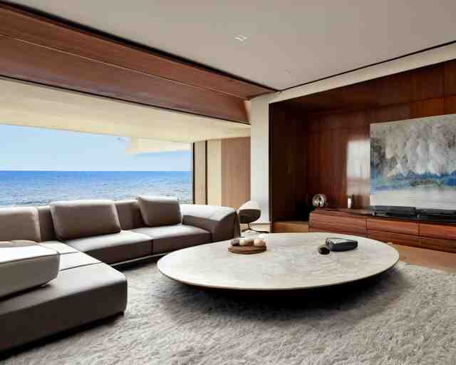 A modern living room inspired by the ocean, a luxurious wooden coffee table with large seashells on top in the center, amazing detail, 8k resolution, calm, relaxed style, harmony, wide angle shot