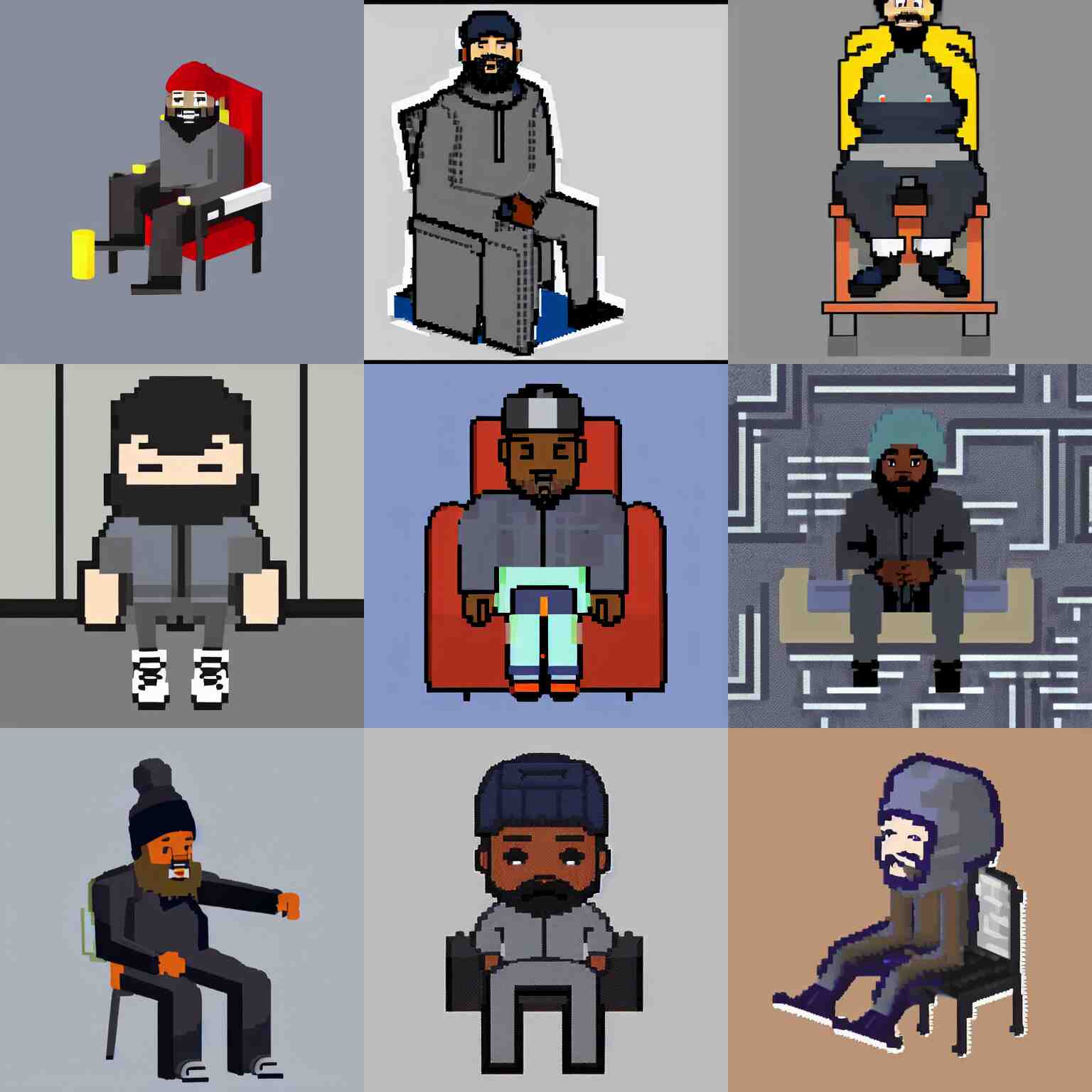 a fullbody isometric sprite of a 🧔🏿 wearing a gray do rag and a black winter puffer coat, sitting in a chair, assets, urban music studio, 8 bit, 