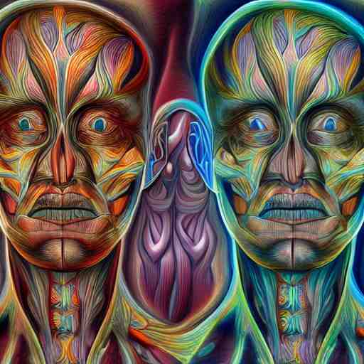 full anterior shot human anatomical render in the style of alex grey, with an ornate fractal background featuring eyes