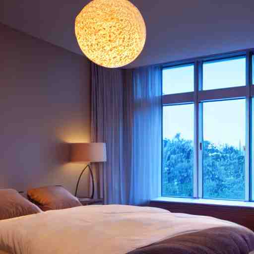 a futuristic furnished bedroom with a large window at sunset, godrays, luxury white bed, warm lighting