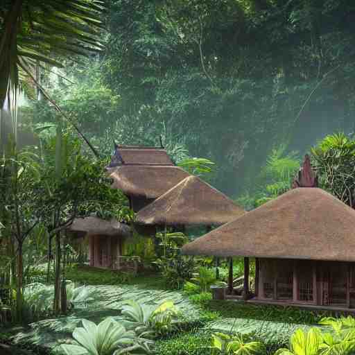 a beautiful 3d renderings of a little house in the jungle, Balinese architecture by SOM Architect, Studio Ghibli,. Architectural photography, 14mm, cinematic photography, high resolution 4k, cg architects, vray