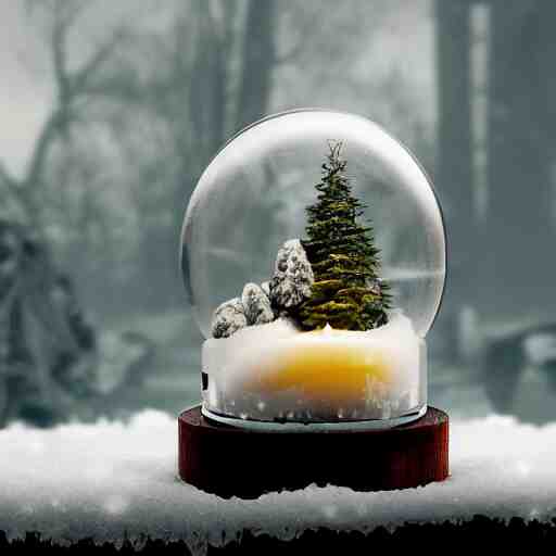 Snow globe, candles, Gustav Klutsis, octane render, Fallout, Pietro Fragiacomo, Legend of Zelda, mist, snow, pine tree, Aloe vera, swamp, dollar bill, shed