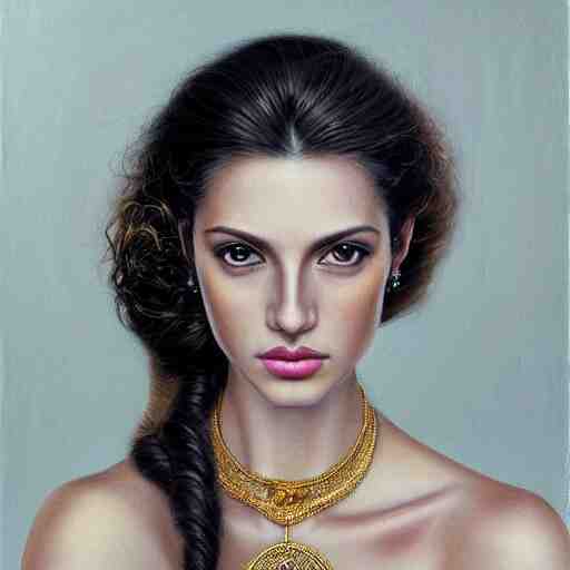 Facial portrait of a gorgeous girl, looking away from the camera, seductive smile, heavy gold jewellery, gold and diamond necklaces, elegant revealing intricate dress, sparkle in eyes, lips slightly parted, long flowing hair, no hands visible, delicate, teasing, arrogant, defiant, bored, mysterious, intricate, extremely detailed painting by Mark Brooks (and by Greg Rutkowski), visible brushstrokes, thick paint visible, no light reflecting off paint, vibrant colors, studio lighting