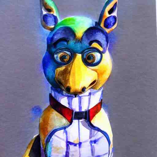 water color on paper, chica animatronic portrait, highly detailed, artstation, masterpiece, award - winning, 