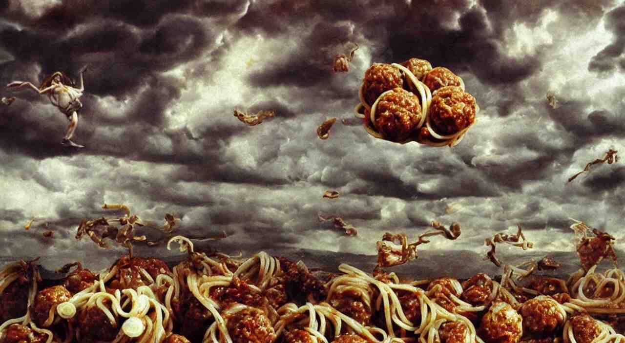 spaghetti bolognesa with meatballs and hundred rusted perfect woman bodies flying in stormy clouds by dali, hyper - realism 