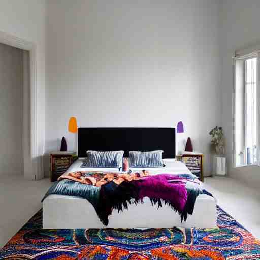 Bedroom with Minimalistic Art on the walls, white furniture, Multi colored Mandala Rug, big windows with sunlight coming in