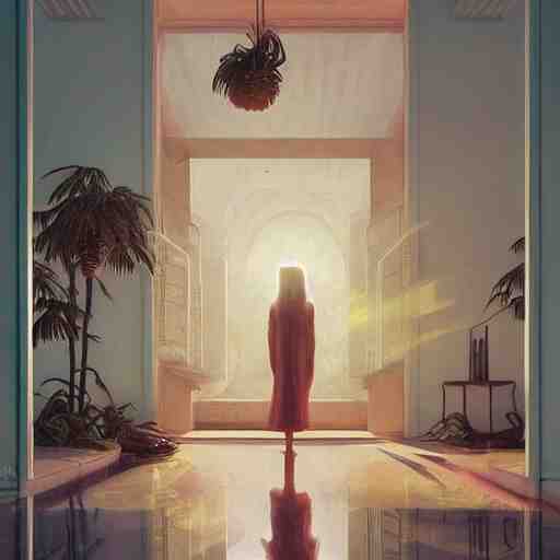 indoor liminal space, golden light, greg rutkowski, palm trees, pink door, minimalistic, hyperrealistic surrealism, award winning masterpiece with incredible details, epic stunning, infinity pool mirrors, a surreal vaporwave liminal space with mirrors, highly detailed, trending on artstation, artgerm and greg rutkowski and alphonse mucha, daily deviation 