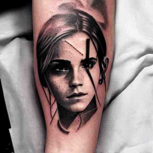 man with tattoo of emma watson on arm back by greg rutkowski