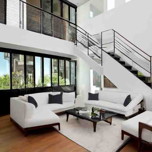 A modern style living room with floor to ceiling glass windows on the left and wooden stairs going upstairs on the right, two white sofas with a white marble table in the center, stairs to the second floor, 8k resolution, professional interior design photograph, wide angle photograph