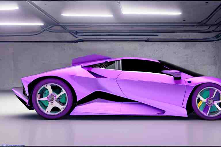 cyberpunk purple lamborghini concept inspired sports car, futuristic look, highly detailed body, very expensive, photorealistic camera shot, bright studio setting, studio lighting, crisp quality and light reflections, unreal engine 5 quality render 
