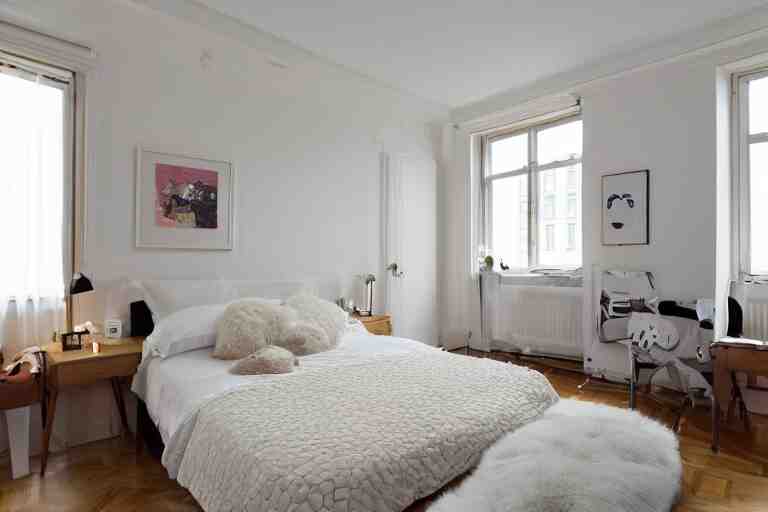 A sunny bedroom, exquisite decoration, all New York Apartments style furniture, polar bear, high tech