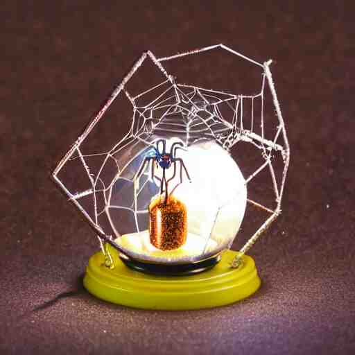 a metal spider with a gnome snow globe head, professional lighting 