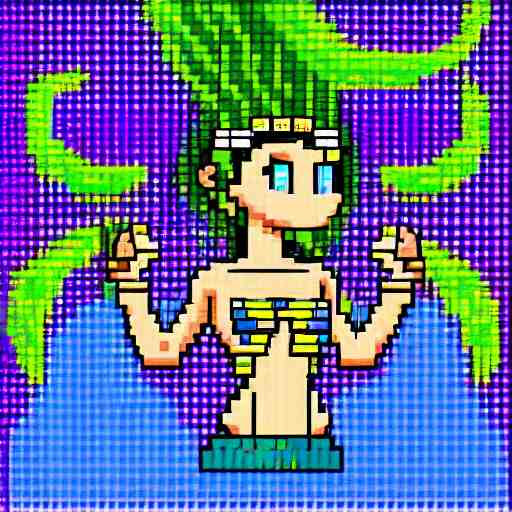 pixel art, 32-bit pixel art, vibrant sprite art, barbarian girl, electrified hair, prehistoric fantasy, palm trees