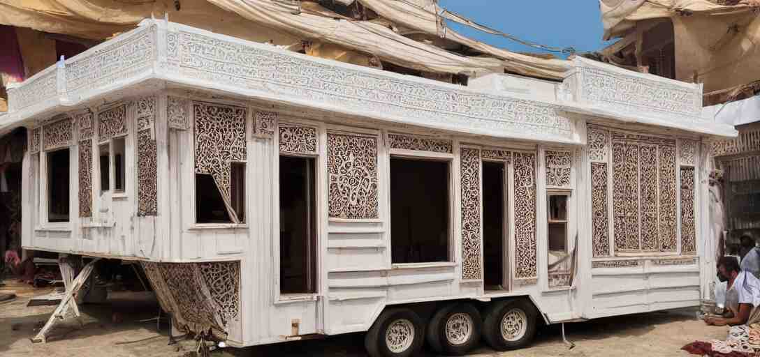 mughal - style white ivory tiny home on trailer with minarets in cyberpunk india 