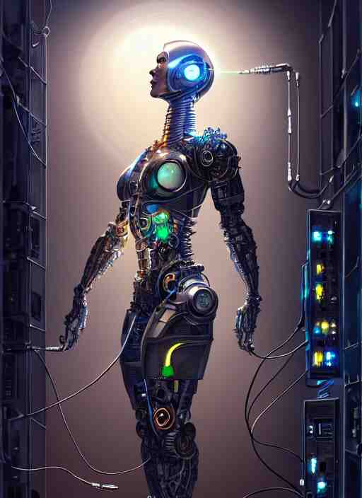 cyborg recharging in a computer lab connect to cables, diffuse lighting, fantasy, intricate, elegant, highly detailed, lifelike, photorealistic, digital painting, artstation, illustration, concept art, smooth, sharp focus, art by John Collier and Albert Aublet and James jean and Brian froud and ross tran and Artem Demura and Alphonse Mucha