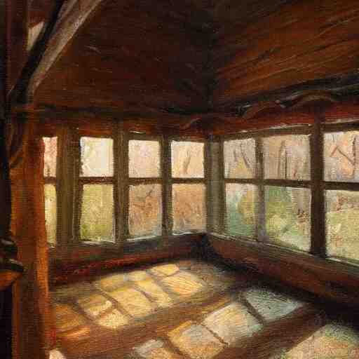 oil painting of mostly empty cottage interior, one small window with sunlight shining onto the floor. artistic. cozy. wooden floor. rustic. solace. 