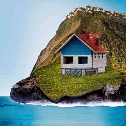 a mountain and the sea, a little house in the middle of the sea 