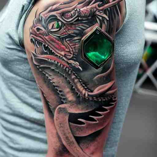 Arm tatoo of a dragon starting from the elbow, wrapping around the wrist in a downward spiral, emerald placed inside of the dragons mouth