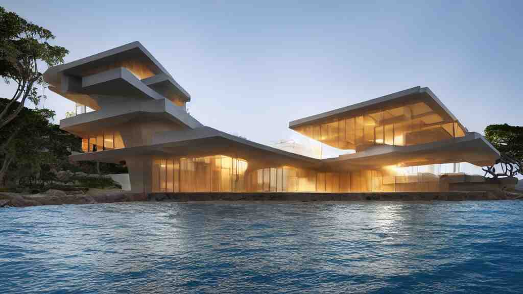 modern concrete house built in the ocean, futuristic accents, golden hour, 4 k, built by frank lloyd wright, concept art 