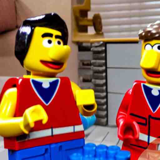 Bert and Ernie from Sesame Street build a Lego set together