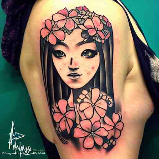 tattoo design, stencil, beach photography, tattoo stencil, traditional, beautiful portrait of a traditional Hawaiian girl with flowers in her hair, upper body, by artgerm, artgerm, artgerm, digital art, cat girl, anime eyes, anime, sexy, super model-s 100