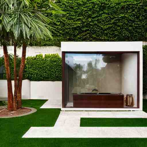 small elongated backyard with hut office, white walls, brown tile ground, plants on the sides, modern, high definition, detailed, concrete and glass, architecture, fountain, children playground, photograph, magazine cover, luxury 