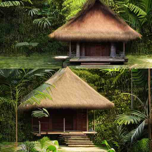 a beautiful 3d renderings of a little house in the jungle, Balinese architecture by SOM Architect, Studio Ghibli,. Architectural photography, 14mm, cinematic photography, high resolution 4k, cg architects, vray