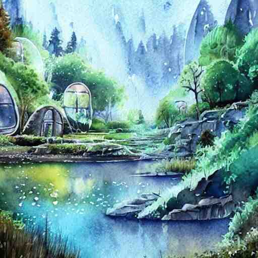 beautiful happy picturesque charming sci - fi organic homes in a beautiful natural scene. water, trees and rocks. beautiful light. soft colour scheme. beautiful artistic detailed watercolor by lurid. ( 2 0 2 2 ) 