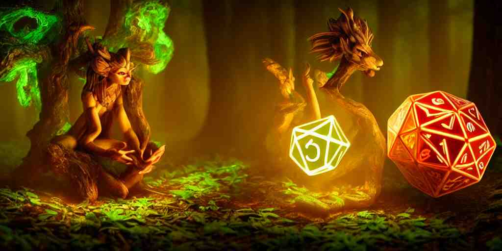 a curious, mythical forest spirit rolling a six - sided dice, d 6 dice, glowing energy, fantasy magic, by willian murai and jason chan, fantasy, dramatic lighting, golden ratio, sharp focus 