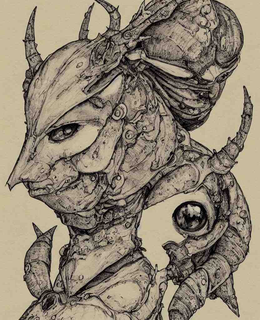 fantasy, symmetrical beautiful human face, front view, female humanoid creature, plant armour, wide intricate horned insect head piece covering forehead, button nose, full lips, muscular, large cute anime eyes, stylised, torso and head, bust, diagram, greys anatomy book, on old distressed parchment paper, watercolour, by brian froud and boichi 