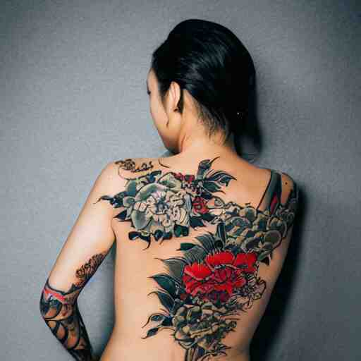 photography of the back of a woman with an detailed irezumi tatto representing a tiger with flowers, mid-shot, editorial photography