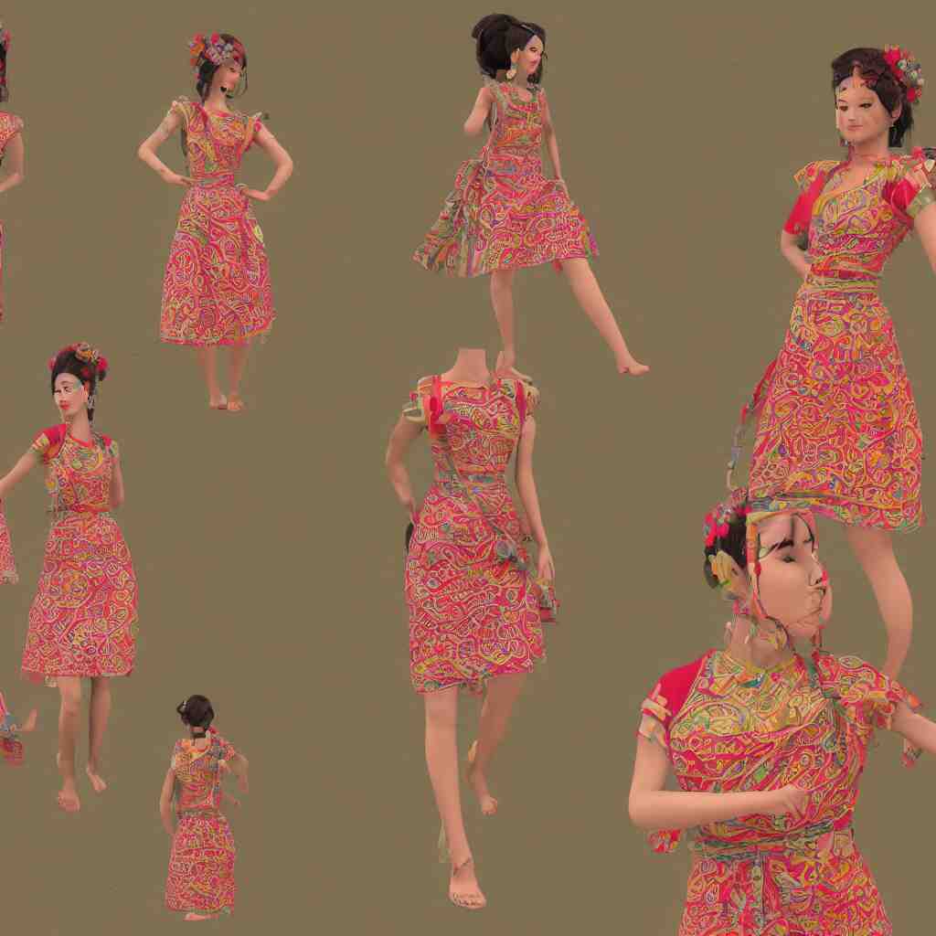 beautiful summer assamese mekehela bihu style floral gamosa dress ; flirtatious, boho - chic, sleeveless, elegant, short skirt length, slimmer demeanor, plethora of colors ; mini dress, highly detailed cute face by wlop ; octane render, unreal engine 5, trending on artstation, 8 k, symmetrical, cinematic, high coherence, hdr fabric textures 