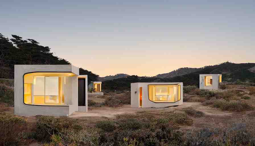 An architectural rending of an eco-community of contemporary 3D printed sea ranch style cabins with rounded corners and angles, beveled edges, made of cement and concrete, organic architecture, on the California coastline with side walks, parks and public space , Designed by Gucci and Wes Anderson, golden hour