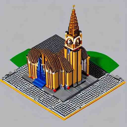 isometric view of a lego church, lego bricks, model church, geometric isometric view 