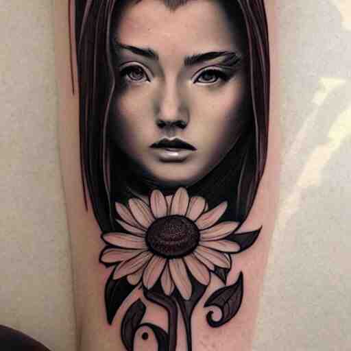 tattoo design, stencil, portrait of a girl by artgerm, symmetrical face, beautiful, daisy flower 