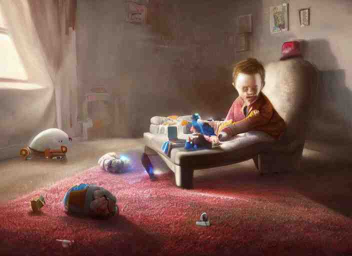 lonely toddler elon musk sitting on a shaggy rug playing with his little rockets, bedroom, realistic painting, beautiful soft lighting, istvan sandorfi 