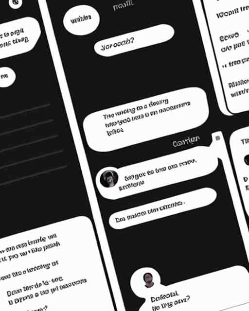 a wireframe for a social chat application, black and white user experience 