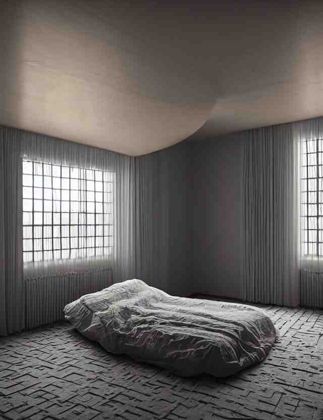 an ultra wide angle photo of a floating bed hovering above the floor in the middle of a giant tesselating bedroom with windows opening to other worlds by casey weldon and lee madgewick and m. c. escher, photorealistic, octane render, recursive!!!!, flowing, cascading, multiverse!!!!!!, labyrinthine 