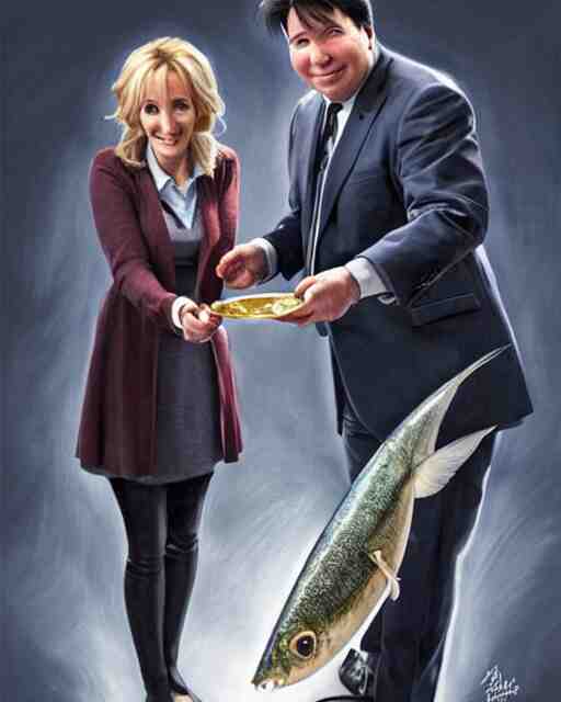 j k rowling & michael mcintyre holding a ring pull can of sardines, elegant, real life skin, intricate, high detailed, artstation, concept art, smooth, sharp focus, art by artgerm and greg rutkowski 