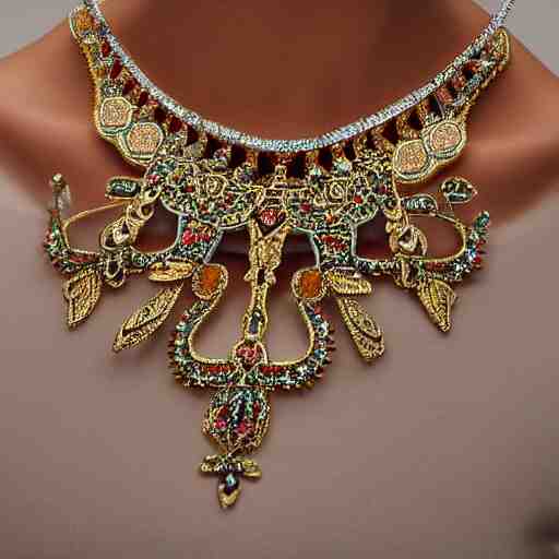 ornate slavic floral crystal jewelry necklace on a female bare neck collarbones, avant garde hungarian fashion design, beautiful jewelry paired with an elegant dress, stunning model fashion photograph 