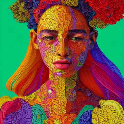 the portrait of a beautiful young woman partially made up of peppers of all colors, an ultrafine detailed illustration by james jean, intricate linework, bright colors, final fantasy, behance contest winner, vanitas, angular, altermodern, unreal engine 5 highly rendered, global illumination, radiant light, detailed and intricate environment 